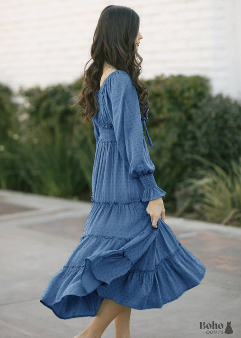 Blue Boho Midi Dress with Sleeves
